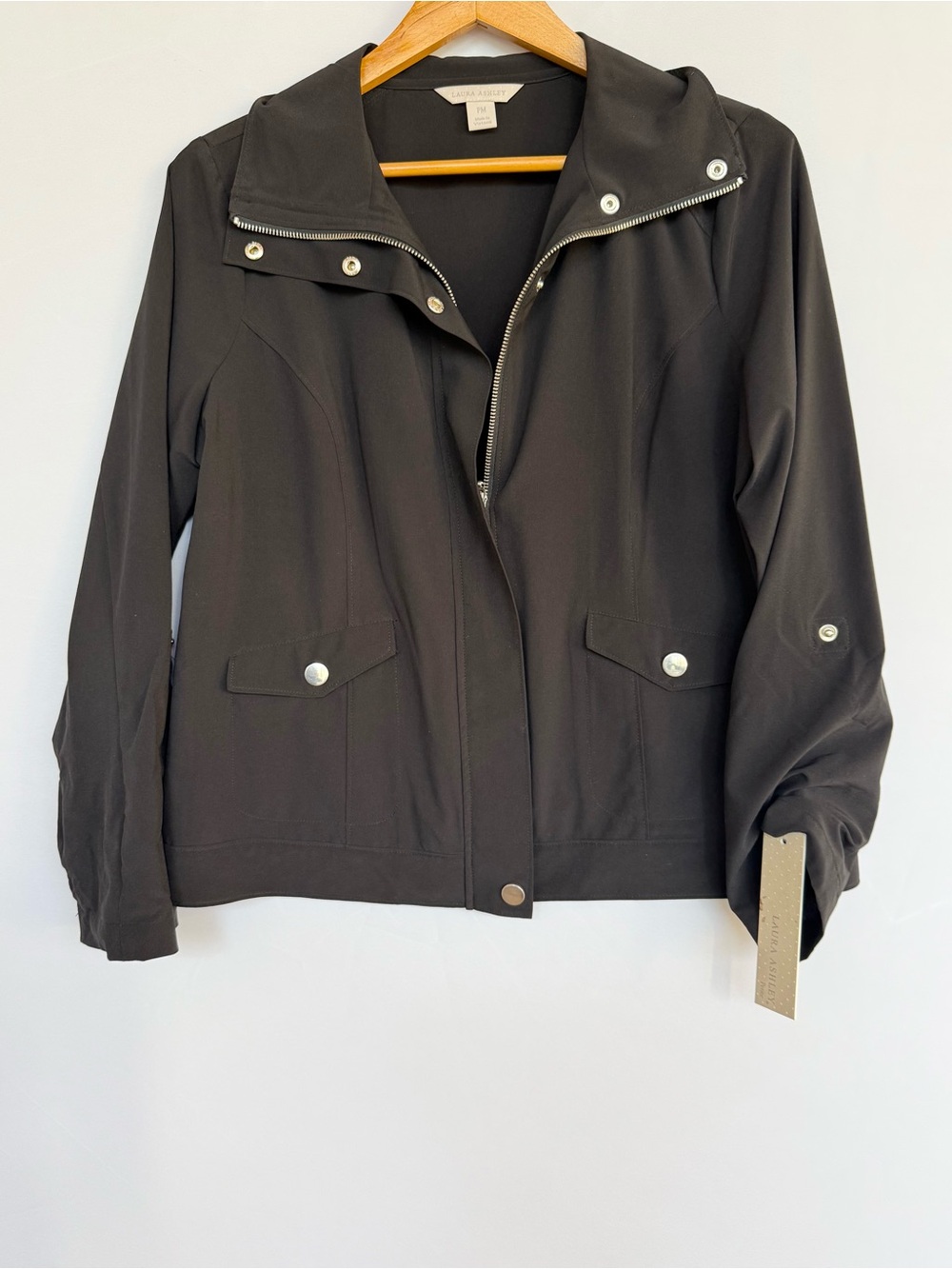 Laura Ashley Black Utility Jacket Zip Snap Front Lightweight Fall Petite M NWT